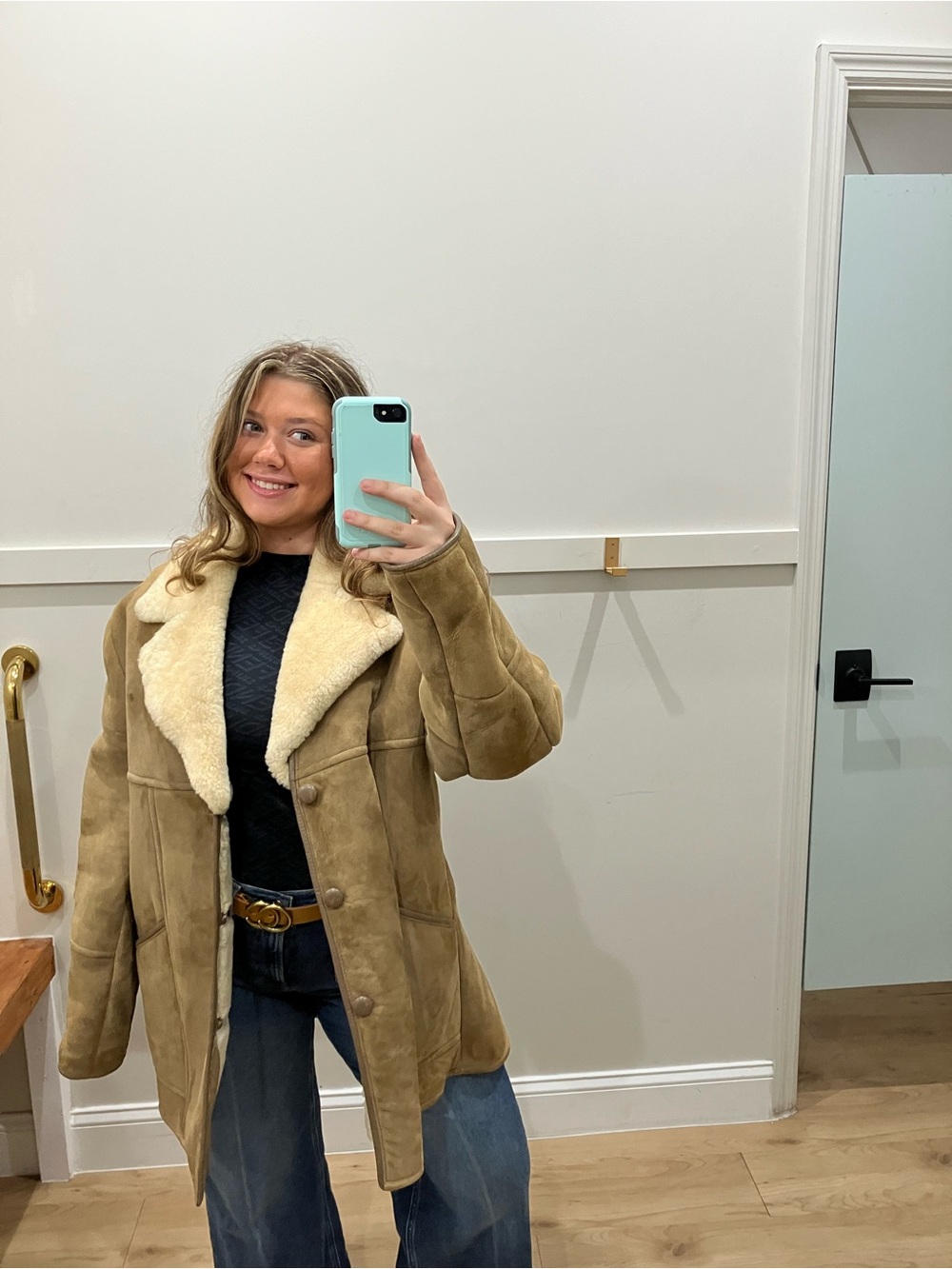 Vintage Tan Shearling-Trim Suede Coat